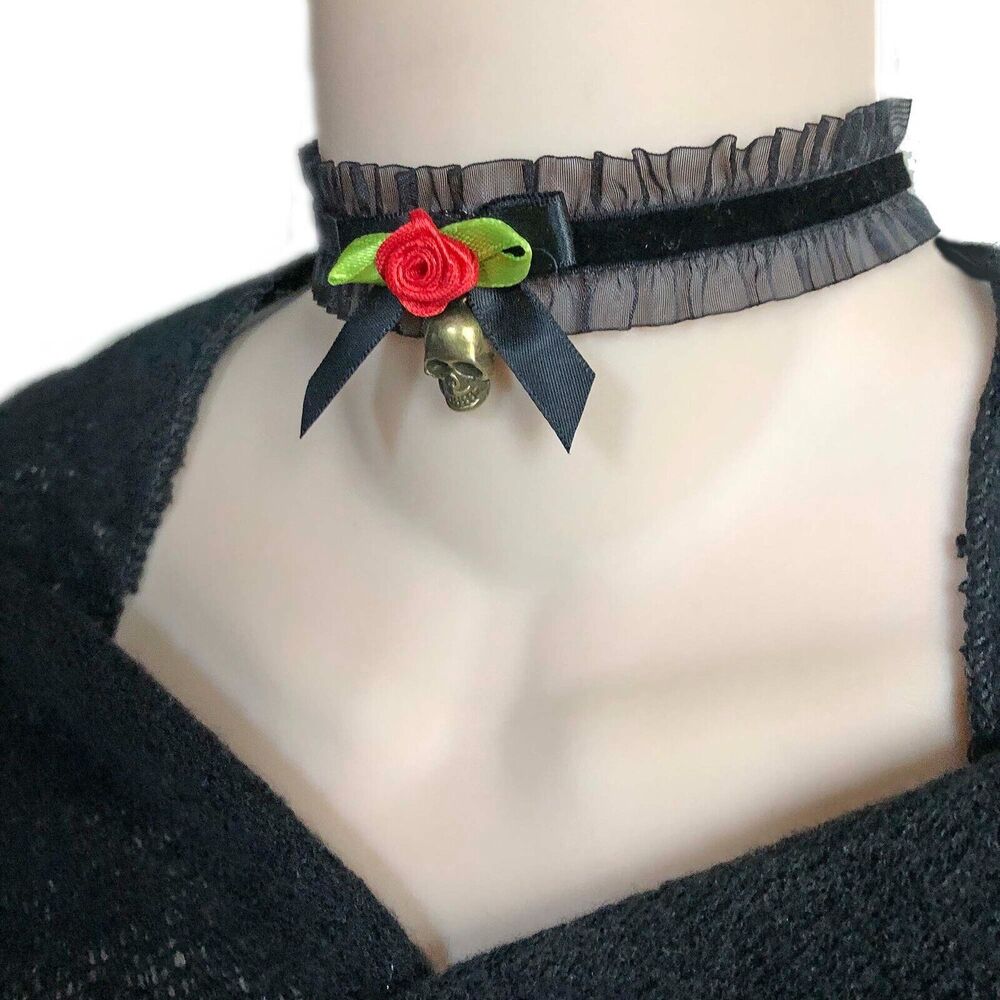 Skull and Red Rose Choker Antique-Bronze 3D Charm Stretch Velvet Ribbon Necklace